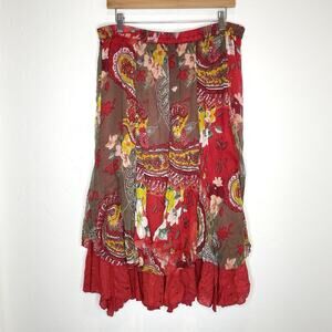 Anu By Natural Ferry Boho Midi Skirt Womens XL Red Yellow Tiered Layered